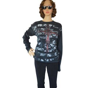 Y2K MMA Elite Shirt Mens M Black Long Sleeve Thermal Gothcore Grunge Skulls Cros